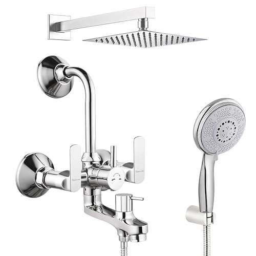 Image of Donald Series 3-in-1 Wall Mixer Set | Pure Brass Bathroom Mixer with 8x8 Inch Overhead Rain Shower, Multi-Flow Hand Shower & 1.5m Hose Pipe | Chrome Finish | Complete Shower System