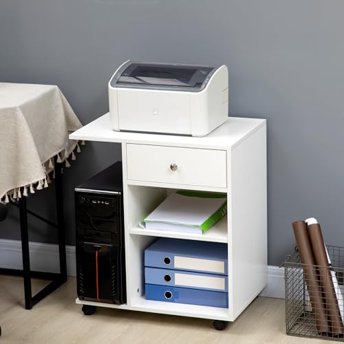 Vinsetto Armario para Impresora de Oficina Carro Multifuncional con Ruedas y Cajón 2 Compartimentos Estante Ajustable Soporte para CPU para Estudio 60x40x68,5 cm Blanco Veteado Madera - imagen 7
