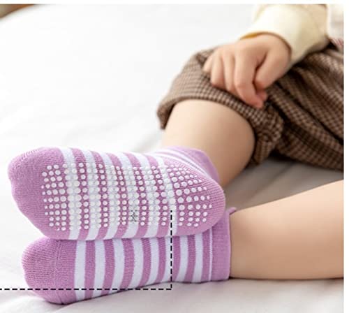 Image of MOMISY Baby Girl Boys Non Slip Socks kids Toddlers Infant Cotton Anti-Slip -6 Pairs (DottedFemale-Striped, 3 to 5 years)