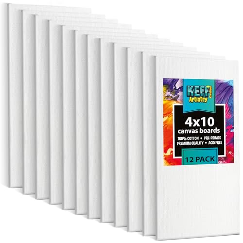 KEFF Canvas Boards for Painting - 4x10 12-Pack Bulk Canvas Panels, 100% Cotton Triple Primed Small Canvases for Painting Supplies, Acrylic, Oil, Watercolor & Tempera