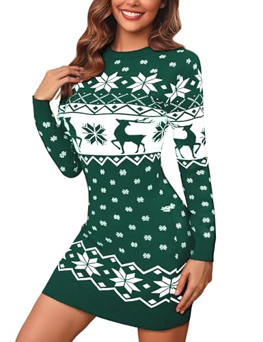 Bresdk Strickkleid Damen Winter Kleid Weihnachten Elegant Pulloverkleid Strickkleider Minikleid Weihnachtskleid Grün S