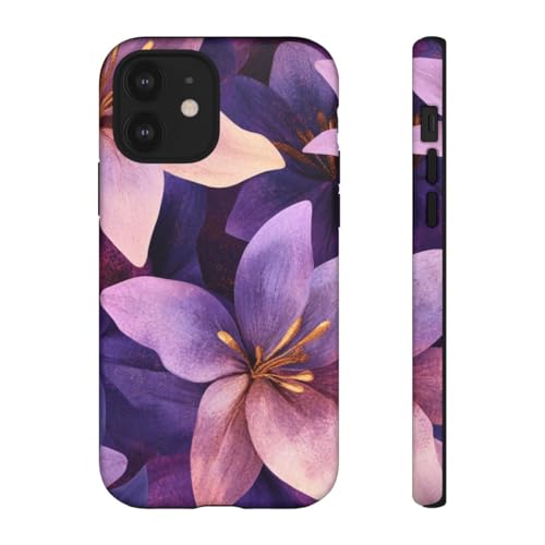 Coque iPhone 12 motif floral violet et doré rigide mate
