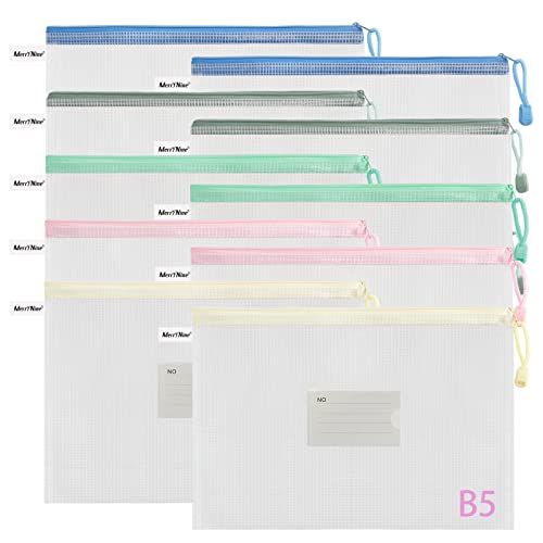 MerryNine 10 Pack Mesh Zipper Pouch Document Bag, B5 Waterproof Plastic Folders Document Pouch for School Office Supplies, Cross Stitch Organizing Storage (B5-9.84 x 6.92 in)