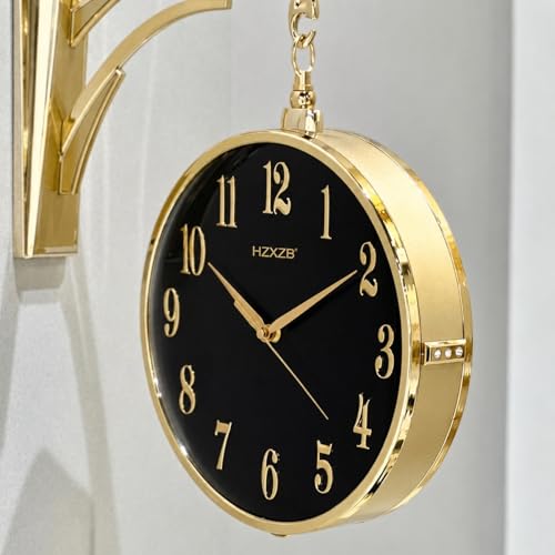 Image of Double Sided Wall Clock Sturdy Frame, Easy Read Two Faces Station Clock for Garden Home Decor Indoor Outdoor Living Room Study Wall Decoration (W4-Gold)
