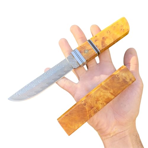 Obespina Couteau Style Japonais Lame Fixe Acier Damas Tanto Manche Bois Stabilisé Intégral Collection Custom Cadeau Homme Suminagashi VG10 camping tranchant edc luxe découpe