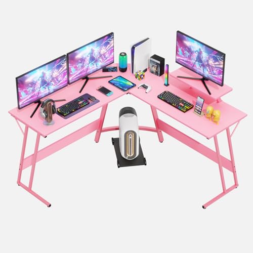 Image of PayLessHere L Shaped Gaming Desk Corner Desk Computer Desk with Large Desktop Studying and Working and Gaming for Home and Work Place,Pink