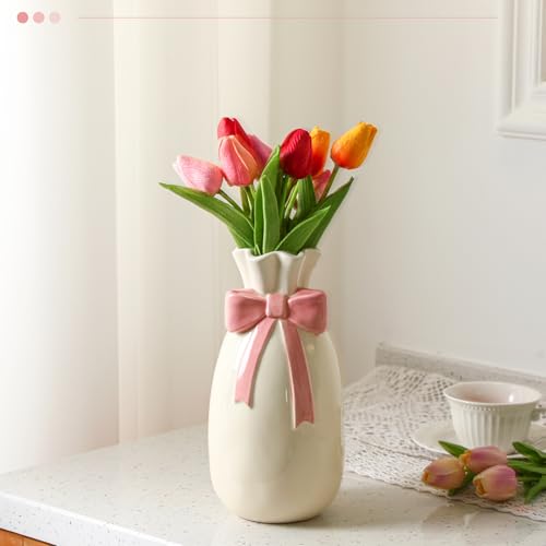 Jingmore Pink Ceramic Bow Vase for Flowers, 9. 3 Inch Cute Flower Vase with Bow Pink Room Decor Home Decor for Shelf Table Living Room