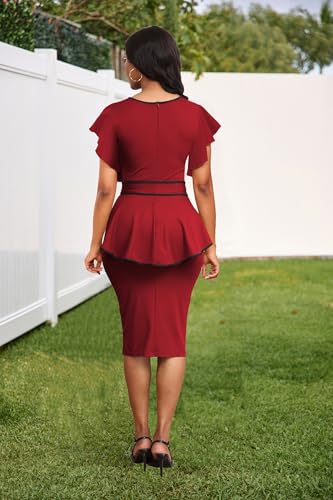Image of Women's Vintage Bodycon Church Ruffle Sleeve Ruched Dresses Work Midi Pencil Dress