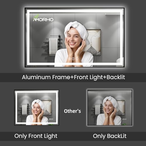 Amorho 28"X36" LED Bathroom Mirror with Black Frame, Front Light and Backlit, Stepless Dimmable, Anti-Fog, Shatter-Proof, Memory, 3 Colors, Double LED Vanity Mirror