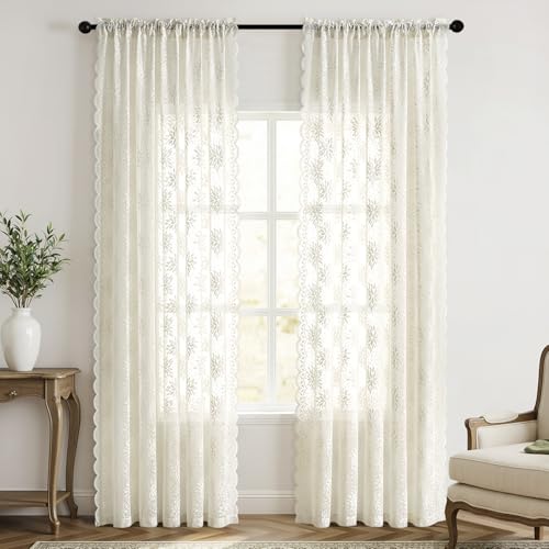 Image of MIULEE Vintage Floral Scalloped Lace Curtains 2 Panels, Ivory 52 inch W x 84 inch L | Victorian Decorative Design, Semi Sheer Window Curtains, Pretty Light Filtering Rod Pocket for Bedroom Living Room