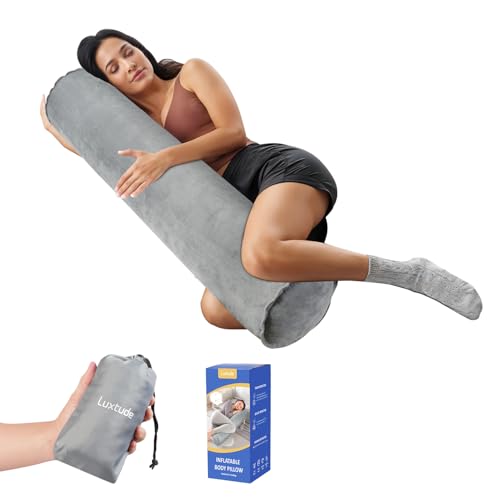 Luxtude Inflatable Body Pillow for Adults Kids Travel Body Pillow with Soft Velvet 35Inch Long Bolster Pillow for Bed Round Cervical Roll Cylinder Pillow for Sleeping Back Neck etc.