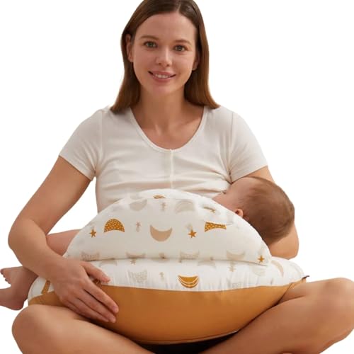 momcozy Cojín de Lactancia con Borde de Seguridad – Cojín ergonómico de Lactancia y Apoyo con Correa Ajustable y Funda de algodón extraíble, Lluvia de meteoritos