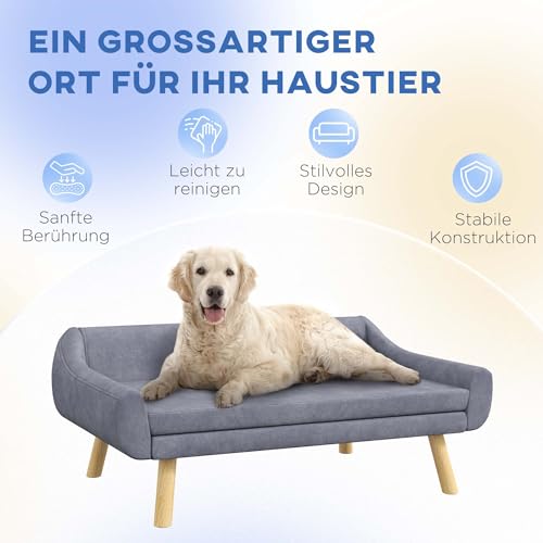 PawHut Hundesofa Katzensofa mit Rückenlehne, Hundecouch mit Holzbeine, Haustiersofa mit Kissen, Hundebett für mittelgroße und große Hunde, Samt, Grau, 102 x 58,5 x 42,5 cm