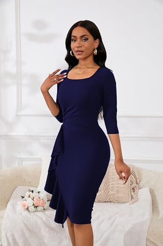 Image of Womens 1950s Vintage Bodycon Dress 3 /4 Sleeve Square Neck Cocktail Pencil Sheath Midi Dress Elegant
