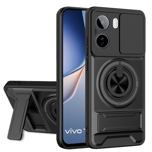 Image of AESTMO Vivo T5 Pro 5G Back Cover | Armor Camera Slider 360 Degree Rotating Finger Ring Holder Case with Bracket Stand Back Case Cover (Compatible with MagSafe Accessories) (Black)