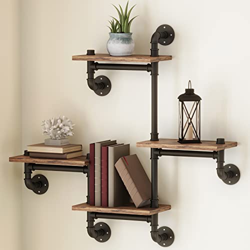 Maikailun Industrial Floating Pipe Wall Mounted Shelves Rustic Modern Wood Shelving Bookcase 4 Layer Ladder Hanging Bookshelf For Home Bathroom Office Kitchen Decor(D) #TOP30