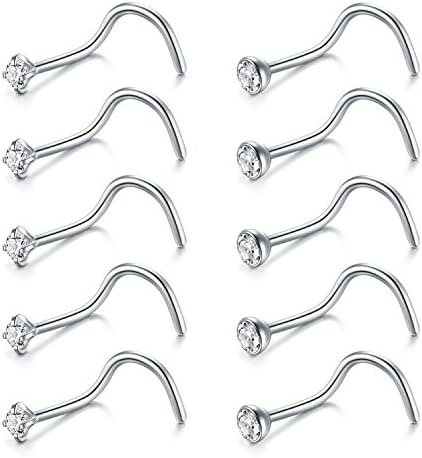 Briana Williams Nose Rings 10Pcs 20G Nose Screw Rings Studs Surgical Steel Sliver Piercing Jewelry 2mm Clear CZ