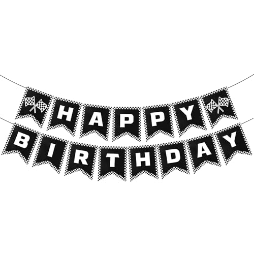 Race Car Happy Birthday Banner, Race Car Party Decorations, Black and White Checkered Flag Banner, Racing Themed Birthday Party Flag for Boy Girl Men Women Supplies