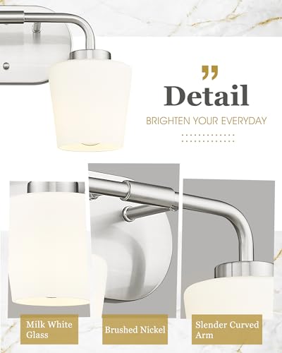 Image of 2-Light Bathroom Light Fixtures Over Mirror, Brushed Nickel | Vanity Lighting Fixtures with Milk White Glass, Vintage Farmhouse Wall Sconces Lighting, AD-22004-2W-SN