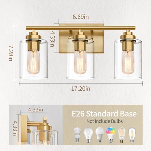 Image of SKEJAO Bathroom Vanity Light Over Mirror,Bathroom Light Fixture Wall Sconce Lighting for Bedroom,Living Room (Gold, 3-Light)