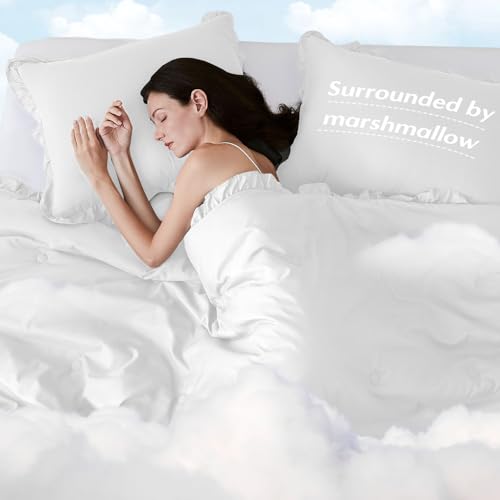 Image of HARBOREST Queen Comforter Set White - Ruffle Comforter for Queen Size Bed, Fluffy Queen Size Comforter Set for All Seasons, 3 Pieces(1 Comforter & 2 Pillow Shams)