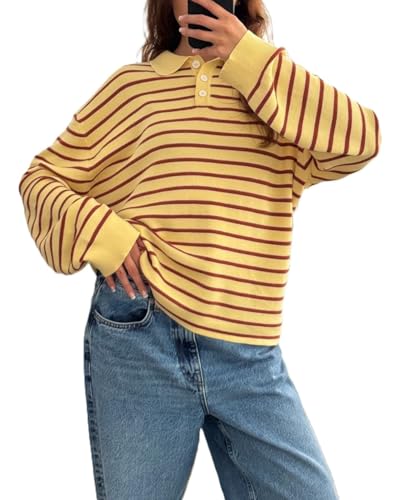 Women Y2K Striped Lapel Polo Shirt Long Sleeve Pullover Sweatshirt Oversized V Neck Color Block Tee Streetwear