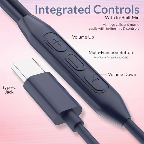Image of AROMA HF1004 Type C Wired Earphone with HD Quality in-Line Mic,12mm Driver Hi-Res Wired