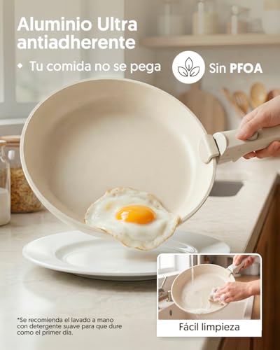 La Moustache - Juego de Ollas y Sartenes【11 Piezas】Aluminio con Antiadherente, Mangos Desmontables, Batería de Cocina (Ø18/20/26cm) + Tapas para Todas las Cocinas, Incluso Inducción (Latte Click) - imagen 6