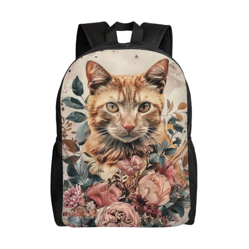 Stylish Unisex 16 Inch Backpack Cat Roses Butterfly Leaves Spacious Compartments for Work Essentials Casual Outings & Trips