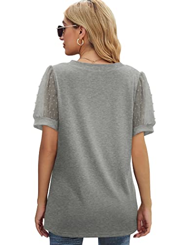 Image of Aokosor Womens Summer Tops V Neck T Shirts Swiss Dot Puff Sleeve Tops Loose Casual Tshirts