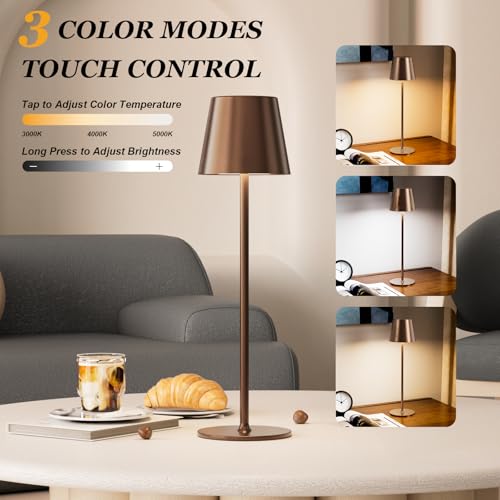 Image of Cordless Table Lamp Rechargeable Brown - KK 2 Pack 5000mAH Battery Operated Lamp for Counter, 3 Color Stepless Dimming Wireless Lamp for Dining Table, Kitchen Counter, Outdoor Patio, Touch Control
