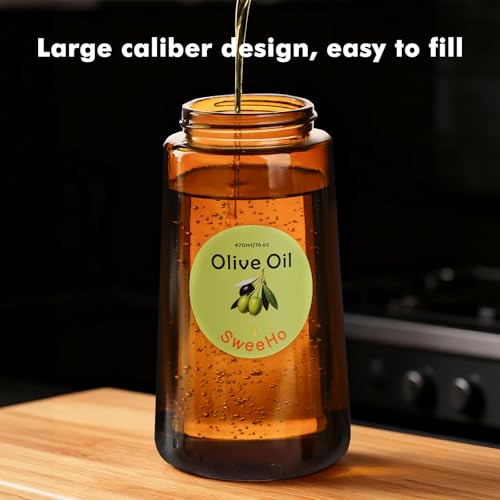 SweeHo Oil Sprayer for Cooking,470ml Cooking Olive Oil Sprayer and Oil Dispenser 2 In 1, Food-grade Glass Oil Spray Bottle Mister for Air Fryer, BBQ, Griddle (Black+dark brown glass and color label)