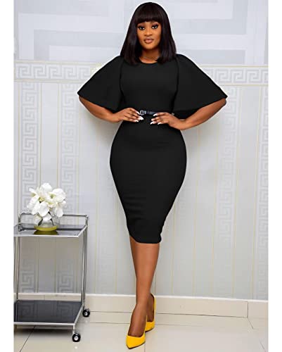 Image of Memoriesea Women's Basic Bodycon Ruffle Flared Short Sleeve Pencil Midi Dress
