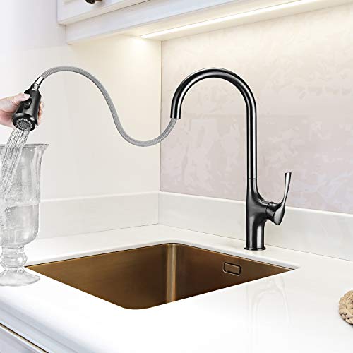 Primy Kitchen Faucets with Pull Down Sprayer, Modern Heavy Duty Lead-Free Single Handle High-Arc Kitchen Sink Faucet with Deck Plate, PVD Vibrant Matte Black Finished, Height 19-13/32“, 2115 - Thumbnail 2