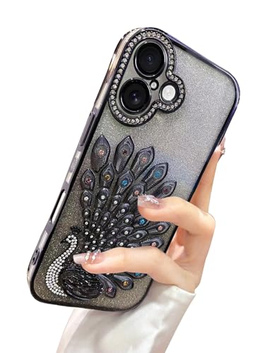 Image of mobistyle Designed for iPhone 16,3D Diamond Luxury Electroplate Glitter Peacock Tail Bling Design Camera Protection Shockproof Phone Case for (Black, iPhone 16)