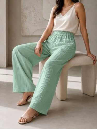 Image of Women's High Waist Wide Leg Trousers | Textured Crinkle Palazzo Pants | Elastic Waist Casual Formal Office Wear Trousers | Comfortable Lightweight Bottom Wear for Women