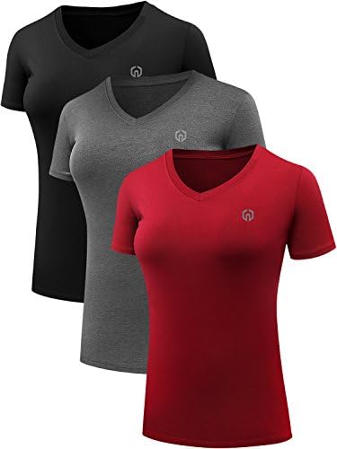 NELEUS Women's 3 Pack V Neck Activewear Athletic Compression Shirt,8016,Black,Grey,Red,US L,EU XL