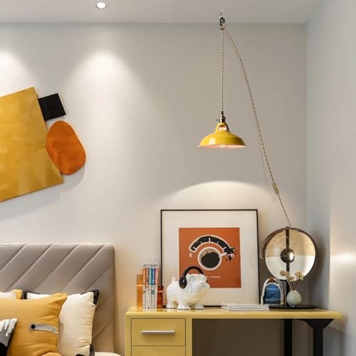 Image of YUBOLE Nordic Plug in Hanging Pendant Light with Yellow Metal Barn Shade