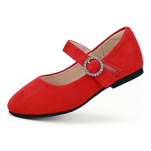 PANDANINJIA Serena Girls Dress Shoes Rhinestone Flower Girl Ballerina Ballet Flats Mary Jane Wedding Party School Shoes for Toddler Little Kid Big Kid(Red Suede,9 M US Toddler) by PANDANINJIA - Used condition - Image 5