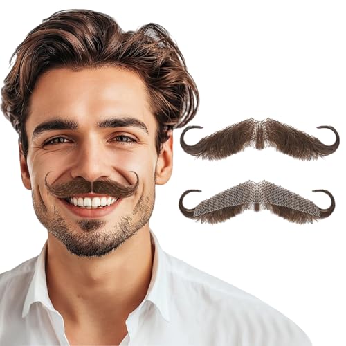 Fake Mustache Realistic Handlebar Mustache Stick On for Adults -100% Human Hair with Lace Front for Easy Application - Costume Mustache for Halloween Cosplay Masquerade Party for Men & Women Brown