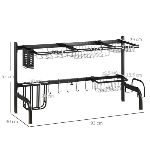 HOMCOM Large Dish Drainer Rack Over The Sink, 2 Tier Adjustable Dish Drainer 51-93cm, Space Saving Kitchen Counter Shelf Organiser, Black - Image 5