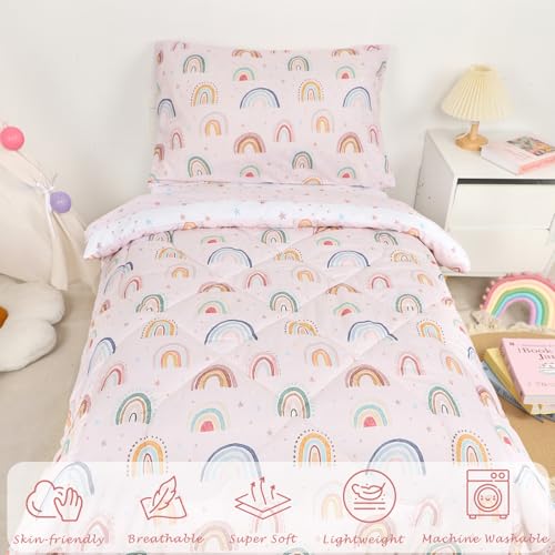 Image of Toddler Bedding Set for Girls, 4 Piece Toddler Girl Bedding Set, Super Soft & Lightweight Pink Toddler Comforter Set Includes Comforter, Flat Sheet, Fitted Sheet, Pillowcase (Rainbow)