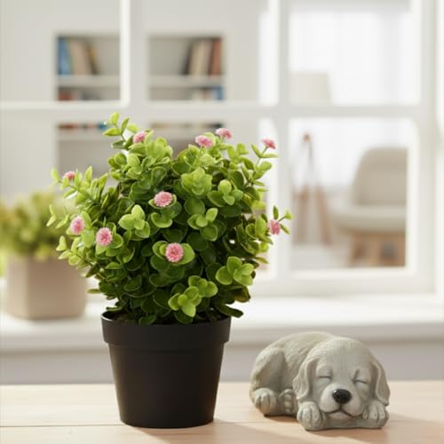 Image of Artificial Eucalyptus Potted Plants - Set of 2 Faux Greenery with Baby Breath Blue & Pink Flowers | Small Decorative Plants for Home, Office, Table & Gift
