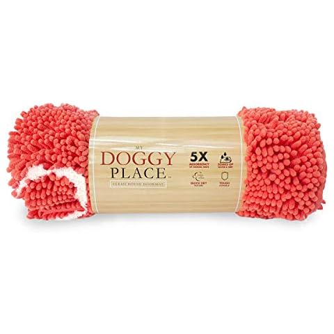 My Doggy Place - Microfiber Dog Door Mat - Dirt and Water Absorbent Mat - Washer & Dryer Safe Non-Slip Mat - Light Coral with Paw Print Runner - 60 x 36 in Cover