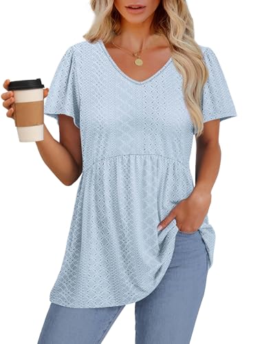 Image of OFEEFAN Womens Summer Tops Babydoll Short Sleeve Shirts Puff Sleeve Peplum Tops V Neck T Shirts