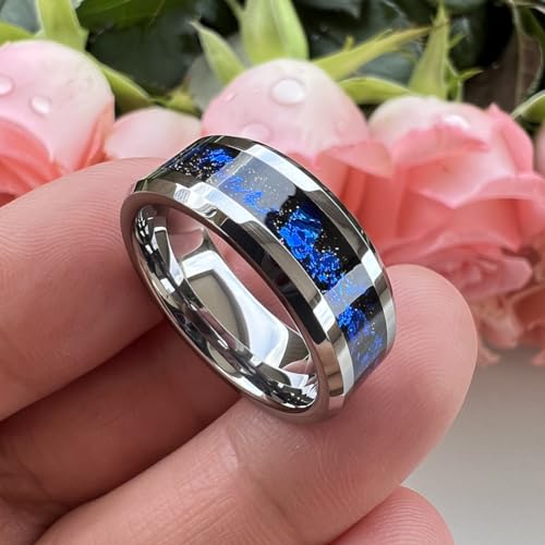 8mm Silver/Black Tungsten Rings for Men Women Orion Nebula Galaxy Opal Blue Gold Foils Inlay Engagement Wedding Promise Band Beveled Edges Polished Comfort Fit2
