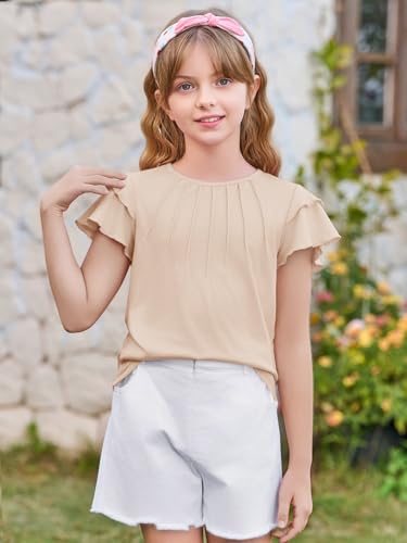 Image of Haloumoning Girls Pleated Ruffle Short Sleeve Shirts Kids Summer Crewneck T-Shirts Fashion Tops Tees 5-14 Years