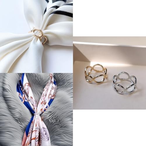 Image of SYWDUDUCLT Scarf Ring for Women's Shawl, Silk Neckerchief, Tshirt, Gold /Sivler, S /M /L, 2 Pcs