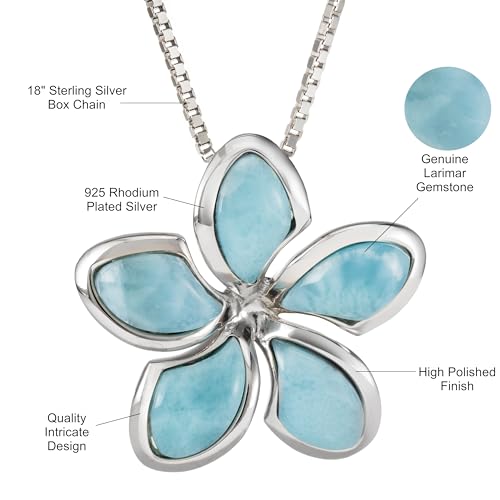 Aloha Jewelry Company Sterling Silver Natural Larimar Plumeria Flower Necklace Pendant with 18"" Box Chain, Nickle Free Hypoallergenic for Sensitive Skin, Gift Box Included, blue4