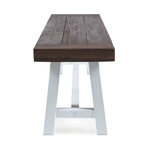 Cytheria Indoor Farmhouse Dark Brown Sandblast Finish Acacia Wood Dining Bench With White Rustic Metal Finish Frame #TOP1